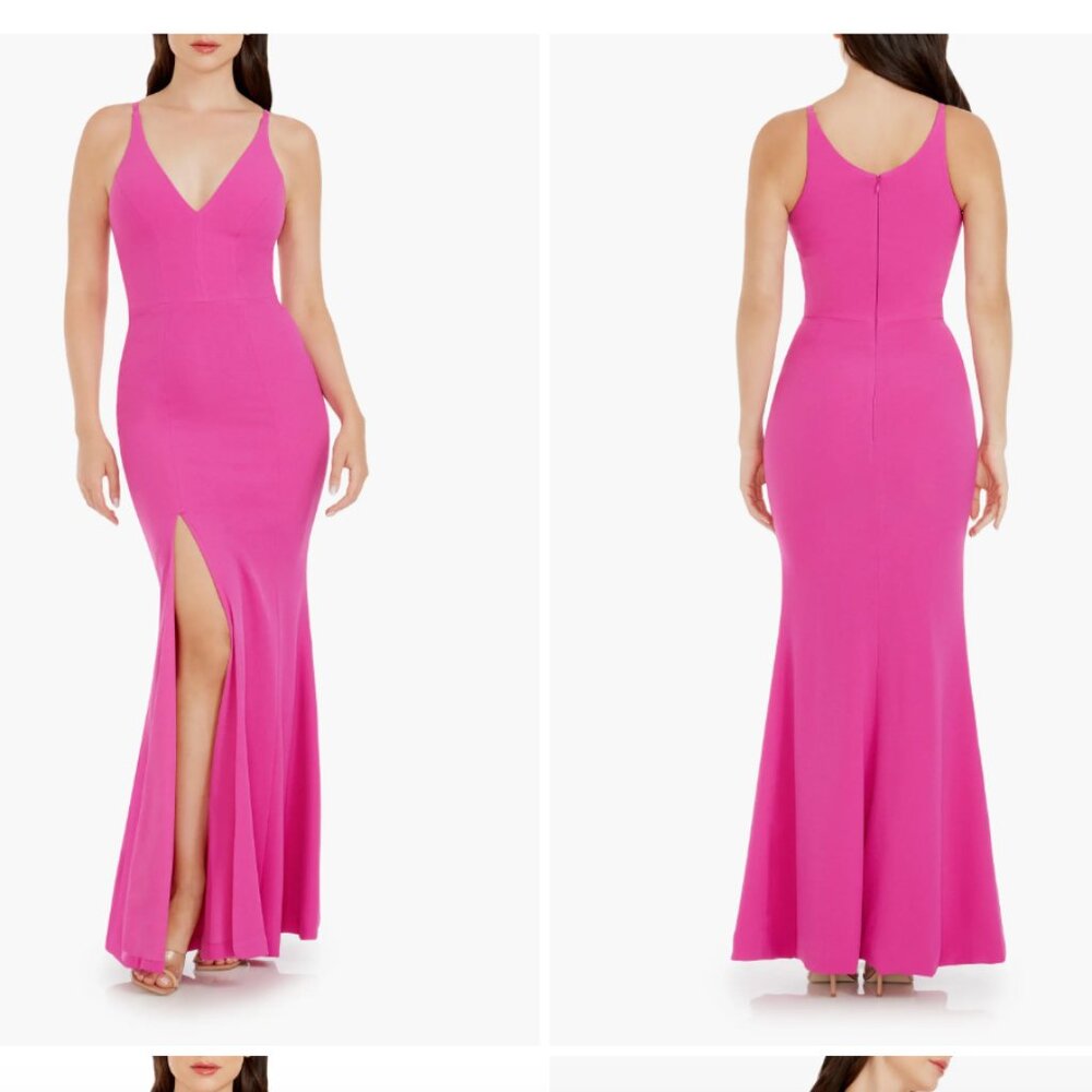 DRESS THE POPULATION Iris Slit Crepe Gown, Bright Fuchsia, Size XXL